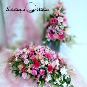 Stroik nagrobny i dwa bukiety Róż i fuksja nr 772